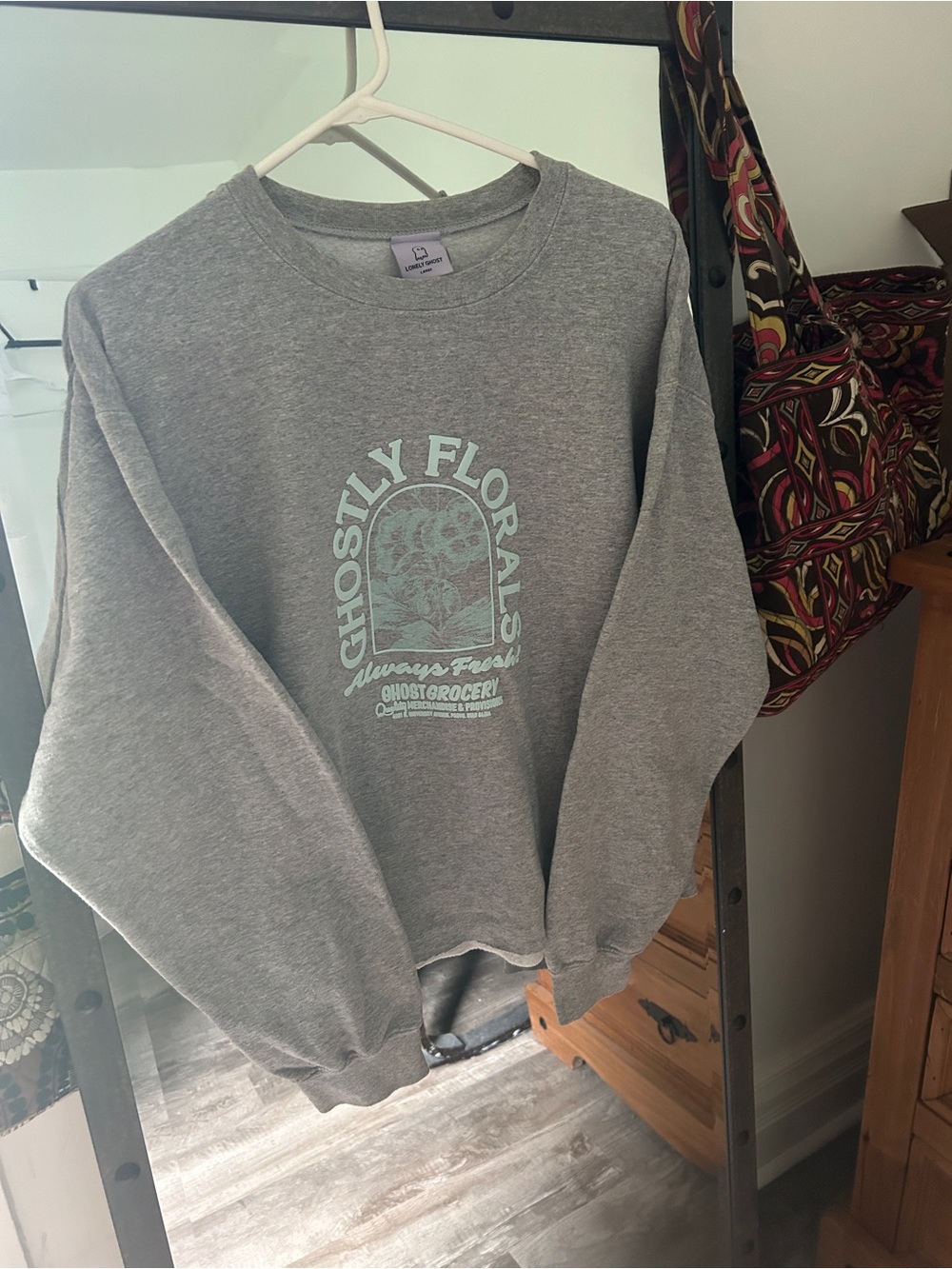 Ghostly Florals Grey Graphic Crewneck Sweatshirt (removed bottom hem)